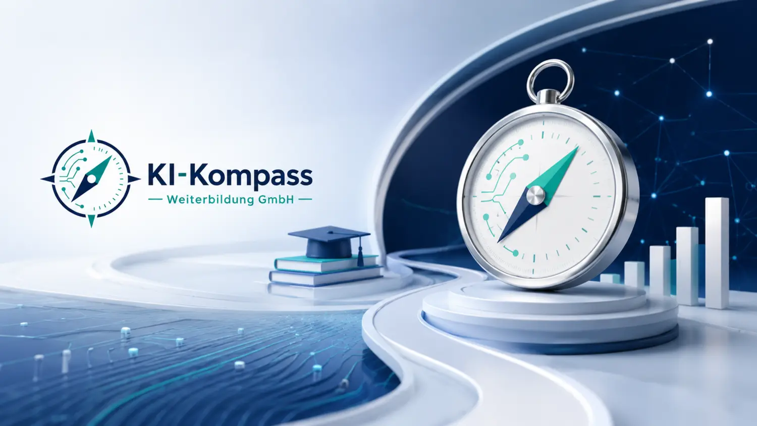 KI-Kompass Markenvisual mit Kompass, Bildungs-Icon, KI-Technologie und Wachstumsdiagramm